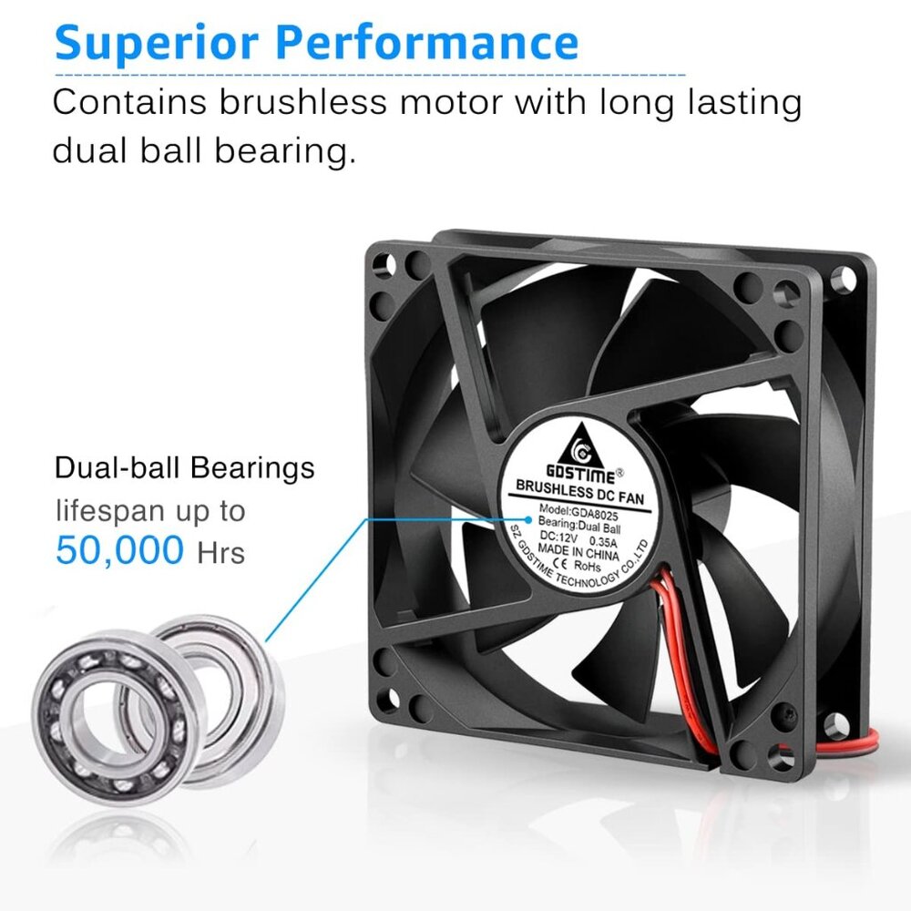 2 Pack 80mm x 25mm Dual Ball Bearings High Speed 4500RPM 12V DC Brushless Coolin - Picture 4 of 8